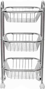 bartan hub Fruits/Vegetables Kitchen Rack Steel Stainless Steel 3 Layer Fruit Vegetable Trolley , Kitchen Trolley