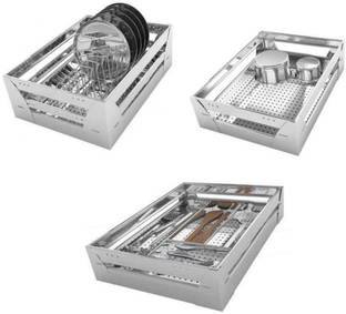 Bloo Basket Utensil Kitchen Rack Steel Stainless Steel Modular Kitchen Basket Accessories cabinets Multipurpose drawer 6" Plain Basket/ 4" Cutlery Basket/ 8" Thali Basket Perforated 6" Plain/ 4" Cutlery/ 8" Thali (20 Inch Width * 20 Inch Depth) set of 3