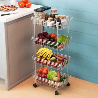 KUBER INDUSTRIES Fruits/Vegetables Kitchen Rack Steel Metal 4-Layer Fruits & Vegetable Stand / Kitchen Trolley with Wheels | Silver