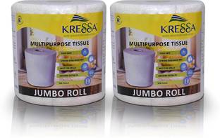 KRESSA Jumbo Multipurpose Paper Tissue Roll | Kitchen Roll 2 Rolls Total 600 Sheets 2 Ply 100% Natural Virgin Pulp