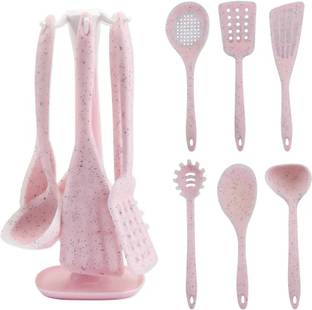 KITCHEN SHARP Pink Silicone Kitchen Utensil Set With Stand 6 Pcs Kitchen Tool Set