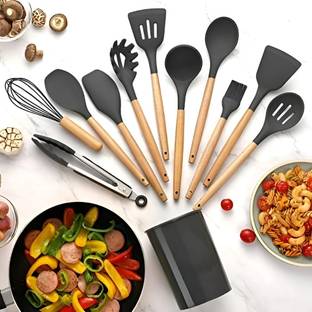 rich mart Silicone Kitchen Spoon Utensil Set, 11 Piece (Grey) Kitchen Tool Set