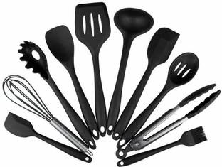 rujave Silicone Kitchen Utensils Spoon Spatula Cooking Set- 10 Pcs Non-Stick with Wooden Handle- BPA Free, Heat Resistant Item, Flexible Non Toxic, Silicon Food Grade Cookware Tools-Multicolor Kitchen Tool Set