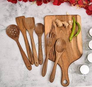 OGGN Handmade Acacia Wood Chopping Board With Spoon Set Of 6 Kitchen Tools 16x9 In Kitchen Tool Set