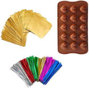 noble foods Combo of Silicone Heart Shape Chocolate Mould with Golden Wrapper and Twist Ties Kitchen Tool Set