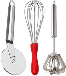 OC9 Stainless Steel Plastic Handle Whisk, Beater, Egg Whisker & Wheel Pizza Cutter & Power Free Hand Blender, Mathani, Ravai, Madhani Kitchen Tool Set