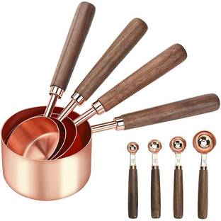 PALAY 8Pcs Measuring Cups and Spoons Set, Stainless Steel Measuring Cup with Wood Hand Kitchen Tool Set