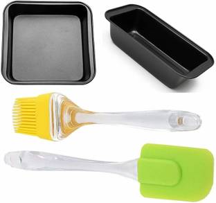 H&M Store Bread loaf Mould 25cm with Square Cake Mould 22cm, 1pc Silicone Brush and 1pc Silicon Spatula Set for Baking, Cake Making Material, Kitchen Tool Set, Cake Combo (Pack of 4) Kitchen Tool Set