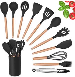 MJN Kitchen Spoon Set-12 Pcs Non-Stick+ Wooden Handle, Heat Resistant Item (Black) Kitchen Tool Set