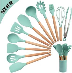 Greeva multicolors Silicone 12pcs KitchenUtensils, NonStick with Wooden Handle&Holder Kitchen Tool Set