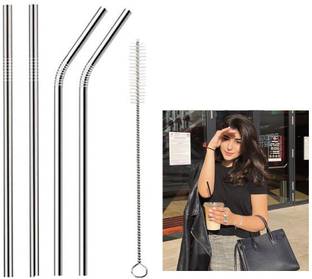 NURIOR Metal Long Stainless Steel Coconut Water Juice & Wine Drinking Straw with Brusk Kitchen Tool Set