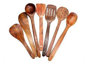 webshoppee Handmade Wooden Non-Stick Serving and Cooking Spoon Kitchen Tools Utensil, Set of 7 Wooden Olive Spoon, Serving Spoon, Serving Spoon Set (Pack of 7) Wooden Cutlery Set