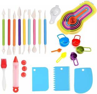 Connectwide 24Pcs Kitchen Art Craft Essentials- Measuring Cups and Spoons Set, Egg Yoke Separator, Nail Art Carving tool, Cake Scraper Smoother Dough Cutter, Silicone Food Writing Pen, Silicone Oil Brush Kitchen Tool Set