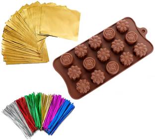 noble foods Combo of Silicone Flower Rose Chocolate Mould with Golden Wrapper and Twist Ties Kitchen Tool Set