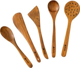 Rusabl (Pack of 5) 100% Sheesham Wooden Spatulas, Palta-Turner, Strainers, Dohi & Spoon Kitchen Tool Set