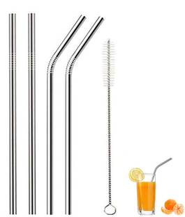 VREPPEN Stainless Steel Straws for Kids & Adults with Cleaning Brush 2 Straight & 2 Bent Kitchen Tool Set