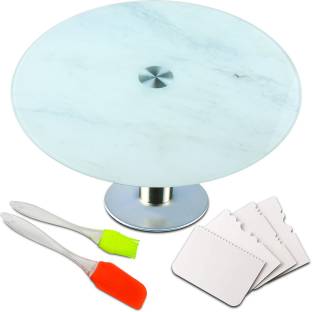 iBELL Rotating Cake Stand, Premium Glass and Stainless Steel Cake Turntable, Revolving Decorating Cake Stand/Vase with Scraper Set, Spatula & Brush, Kitchen Tool Set