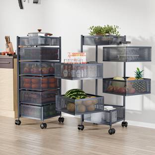 KUBER INDUSTRIES Pack of 2 Kitchen 5+1 Layer Storage Rack with Wheels | Square Shape - Dark Grey Iron Kitchen Trolley