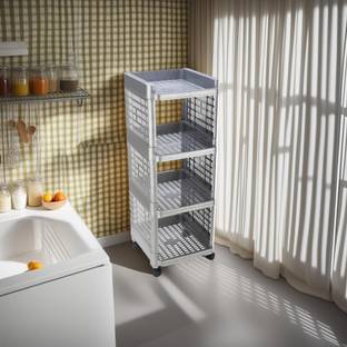 FLYUP Rectangular 4 Layer Multipurpose Shelf Stand Basket Rack Trolley Plastic Kitchen Trolley