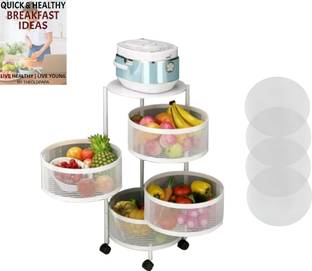 oldpapa Assembled Fruits & Vegetable Organizer Stand with Wheels Rotating Storage Basket Iron Kitchen Trolley