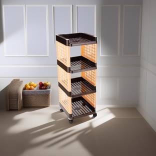 FLYUP Rectangular 4 Layer Multipurpose Shelf Stand Basket Rack Trolley Plastic Kitchen Trolley
