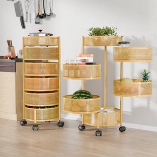 KUBER INDUSTRIES Pack of 2 Kitchen 5+1 Layer Metal Storage Rack with Wheels | Round Shape -Golden Iron Kitchen Trolley