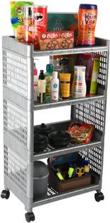 KUBER INDUSTRIES Multipurpose 4-Shelf Storage Trolley Rack with Wheels|Gray Plastic Kitchen Trolley