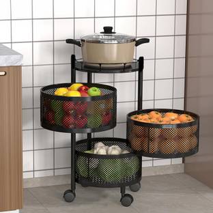 HOMESTIC 3-Layer Rotating Multipurpose Storage Rack Trolley with Wheels | Black Iron Kitchen Trolley