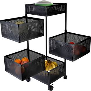 Jovial 4 Layer with Top Layer Kitchen Rotating Trolley, Fruit & Vegetable Storage Rack Carbon Steel Kitchen Trolley