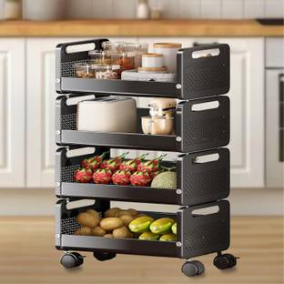 HAVEU Rolling Metal Utility Cart Stackable Storage Baskets with Lockable Wheels Carbon Steel Kitchen Trolley