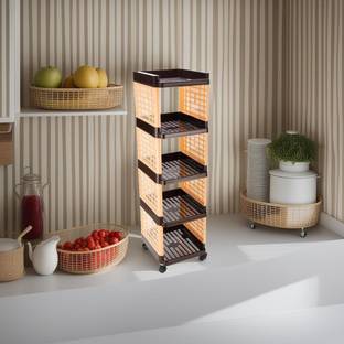 FLYUP Rectangular 5 Layer Multipurpose Shelf Stand Basket Rack Trolley Plastic Kitchen Trolley