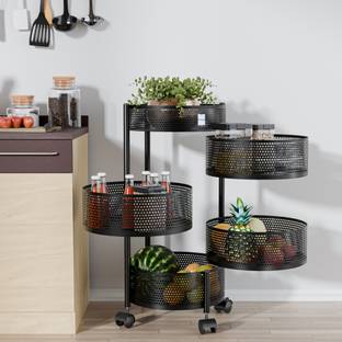 HOMESTIC 4+1 Layer Kitchen Metal Storage Rack with Wheels | Round Shape - Black Iron Kitchen Trolley