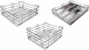 Easyhome Furnish Steel Gold (Set of 3 pcs )Stainless Modular Kitchen Basket, 19 W X 20 D inches Steel Kitchen Trolley