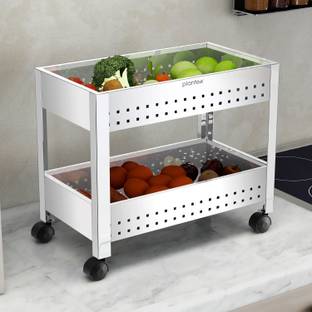 Plantex Stainless Steel 2-Tier Vegetable Basket for Kitchen/Onion Garlic Stand/Vegetable Storage Stand-Trolley for Kitchen(Round Profile-Silver) Stainless Steel Kitchen Trolley