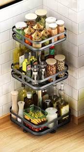 BAZKU 3 Tier 360° Tabletop Rotating Kitchen Rack, Kitchen Pantry Storage Organizer Plastic Kitchen Trolley