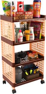 KUBER INDUSTRIES Multipurpose 4-Shelf Storage Trolley Rack with Wheels|Brown Plastic Kitchen Trolley