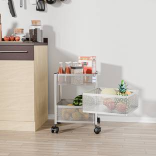 HOMESTIC 2+1 Layer Kitchen Metal Storage Rack with Wheels | Square Shape - Silver Iron Kitchen Trolley