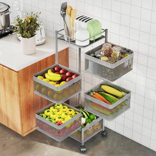 KUBER INDUSTRIES 5-Tier Revolving Multipurpose Storage Rack with Wheels | Silver Iron Kitchen Trolley