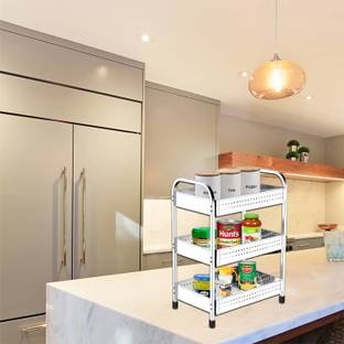 INGITAGNA Portable 3 Layer Steel Folding Perforated Trolley Modern Storage Rack Stainless Steel Kitchen Trolley