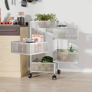 KUBER INDUSTRIES 4+1 Layer Kitchen Metal Storage Rack with Wheels | Square Shape - Silver Iron Kitchen Trolley