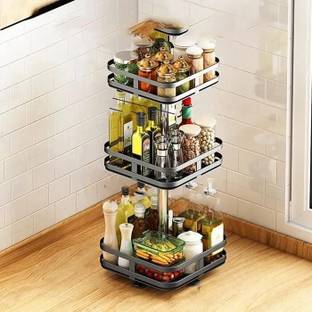 TROLITE Kitchen Spice Rack, Square Rotating 3 Layer Kitchen Trolly, Stand for kitchen Carbon Steel Kitchen Trolley