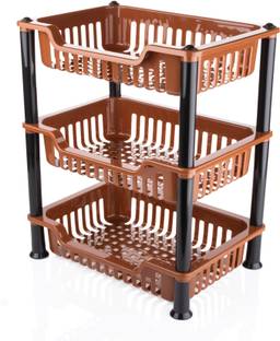 MECHON 3 Layer Multi-purpose Kitchen Storage Basket Kitchen Rack (Brown, 3 layer) Plastic Kitchen Trolley