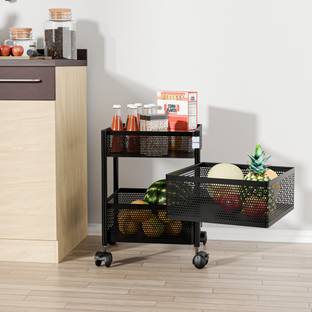 HOMESTIC 2+1 Layer Kitchen Metal Storage Rack with Wheels | Square Shape - Black Iron Kitchen Trolley