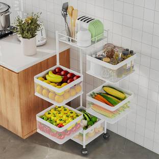 KUBER INDUSTRIES Fruits/Vegetables Kitchen Rack Iron 5-Tier Revolving Multipurpose Storage Rack with Wheels | White