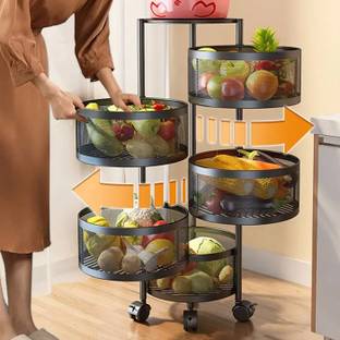KINFOLK 5 Layer Kitchen Round Rotating Trolley, Fruit & Vegetable Storage Rack Carbon Steel Kitchen Trolley