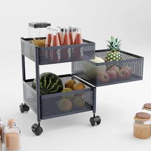 KUBER INDUSTRIES 2+1 Layer Kitchen Storage Rack with Wheels | Square Shape - Dark Grey Iron Kitchen Trolley