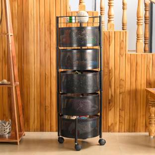TEX-RO Portable Storage Rack Round Basket Organizer, 5 Layer Iron Kitchen Trolley