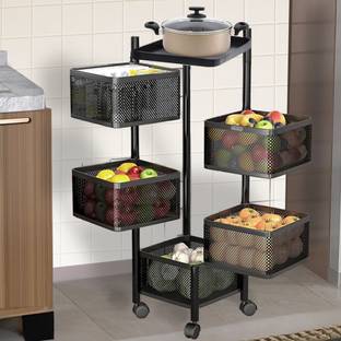 HOMESTIC 5-Layer Revolving Multipurpose Storage Rack with Wheels | Black Iron Kitchen Trolley