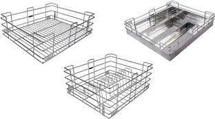 Easyhome Furnish Steel Gold (Set of 3 pcs )Stainless Modular Kitchen Basket, 19 W X 20 D inches Steel Kitchen Trolley