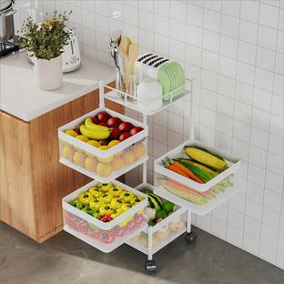 KUBER INDUSTRIES 4-Tier Revolving Multipurpose Storage Rack with Wheels | White Iron Kitchen Trolley